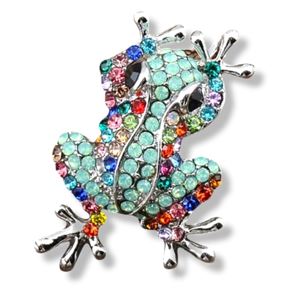 Silver plated multicolor crystal frog necklace/brooch with gold chain - Picture 4 of 16